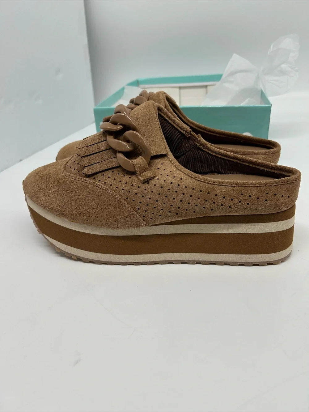 Pierre Dumas Paloma 3 Brown Suede Slip-On Loafers with Chain Accent size 10